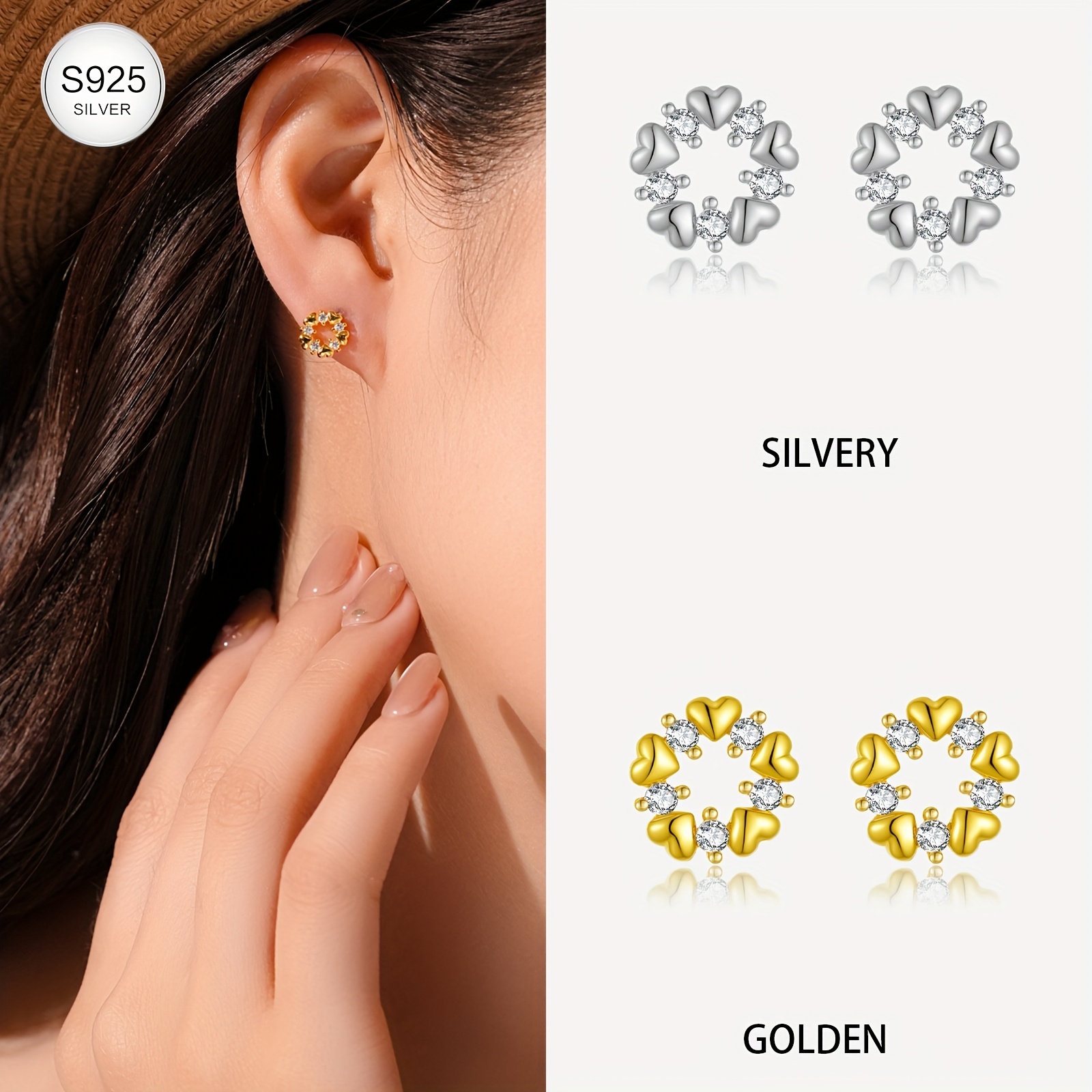 S925 Silver Double Heart Ear Studs, Valentine's Day Gift